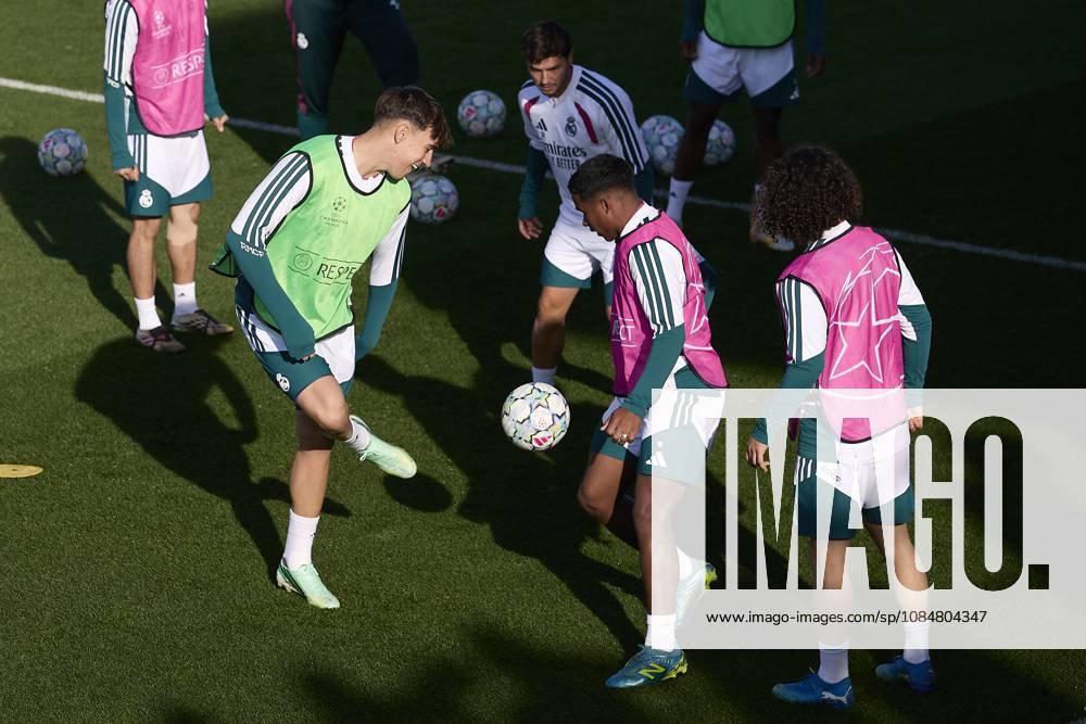 (From L to R) Carlos Espi, Endrick and Marc Cucurella (Real Madrid CF) are seen in action during a training session on the eve of the UEFA Champions League 2026 2027 match between Real Madrid CF and RB Leipzig..Real Madrid CF is holding its final training session ahead of its third UEFA Champions League game. Madrid Spain - ZUMAs197 20261020_aaa_s197_015