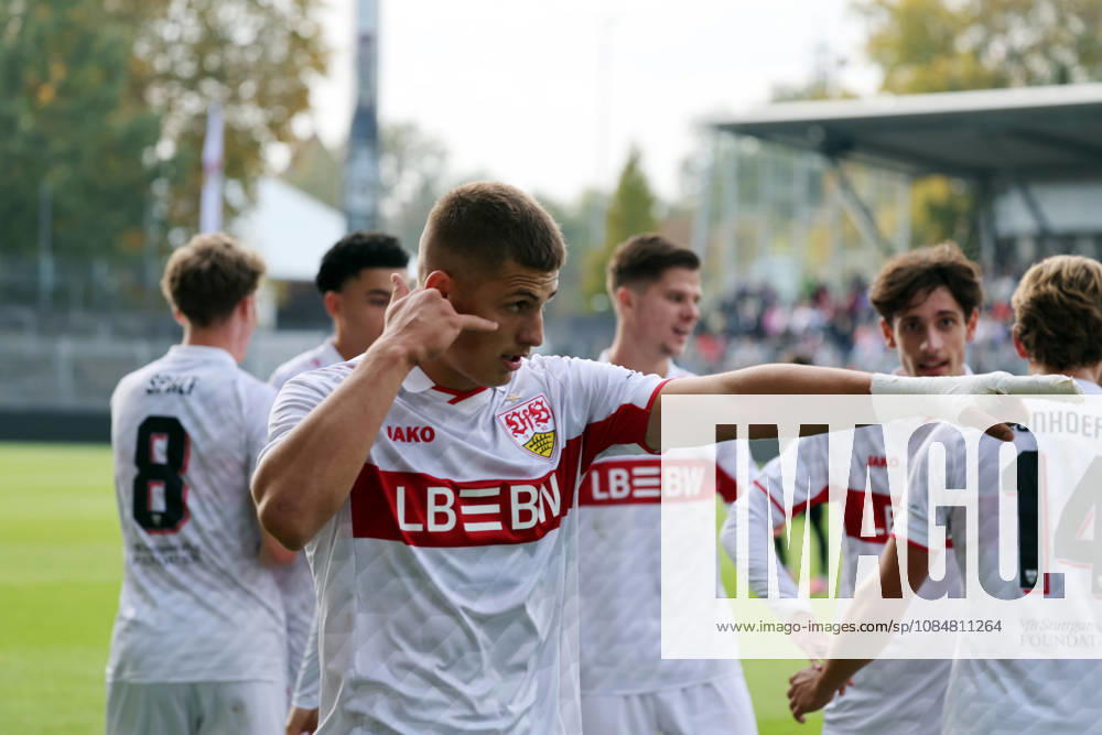 U19 VfB Stuttgart vs. U19 Atlético Madrid Germany, Stuttgart, October 20, 2026, Soccer, UEFA Youth League, 2026–2027 Season, U19 VfB Stuttgart vs. U19 Atlético Madrid, Enis Redzepi, U19 VfB Stuttgart, celebration, goal, penalty kick, 1–1, Redzepi
