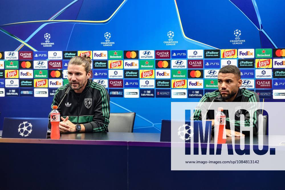 Lens head coach Yannick Cahuzac and Lens Matthieu Udol are pictured during a press conference, PK, Pressekonferenz of French soccer team Racing Club de Lens, Tuesday 20 October 2026 in Brugge. The team is preparing for the third game in the UEFA Champions League league phase against Club Brugge tomorrow. BRUNOxFAHY x190403749x