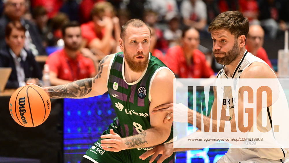 L-R Ignas Brazdeikis (Malaga) and Kamil Stvrdlik (Pardubice) in action during men s Basketball Champions League, group E, 2nd round, BK KVIS Pardubice vs Unicaja Malaga, in Pardubice, Czech Republic, October 20, 2026. (CTKxPhoto JosefxVostarek) CTKPhotoP2026102006666 CTKPhotoP2026102006666