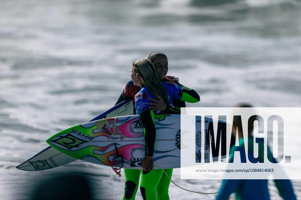 Meo Rip Curl Pro Portugal - Women Quarter Finals Molly Picklum from Australia and Erin Brooks from Canada hug during the Meo Rip Curl Pro Portugal at Praia dos Supertubos in Peniche, Portugal, on October 20, 2026.