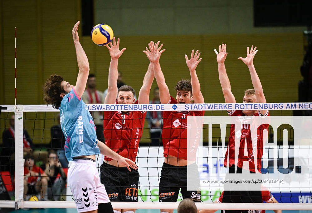 Volleyball 1st Bundesliga, 2026–2027 Season, Matchday 1, October 20, 2026: TV Rottenburg vs. SWD powervolleys Düren; Robin Baghdady (Düren) vs. TV Rottenburg; Block, Niklas Lichtenauer, Kieran Robinson Dunning, and Daniel Sulista (from left to right)