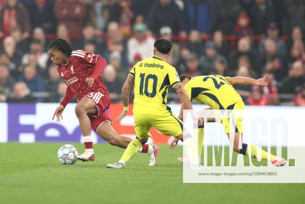 Rio Ngumoha of Liverpool. Alberto Moleiro of Villarreal and Sergi Cardona of Villarreal Liverpool v Villarreal, UEFA Champions League, Football, Anfield, Liverpool, UK - 20 Oct 2026Liverpool Anfield United Kingdom