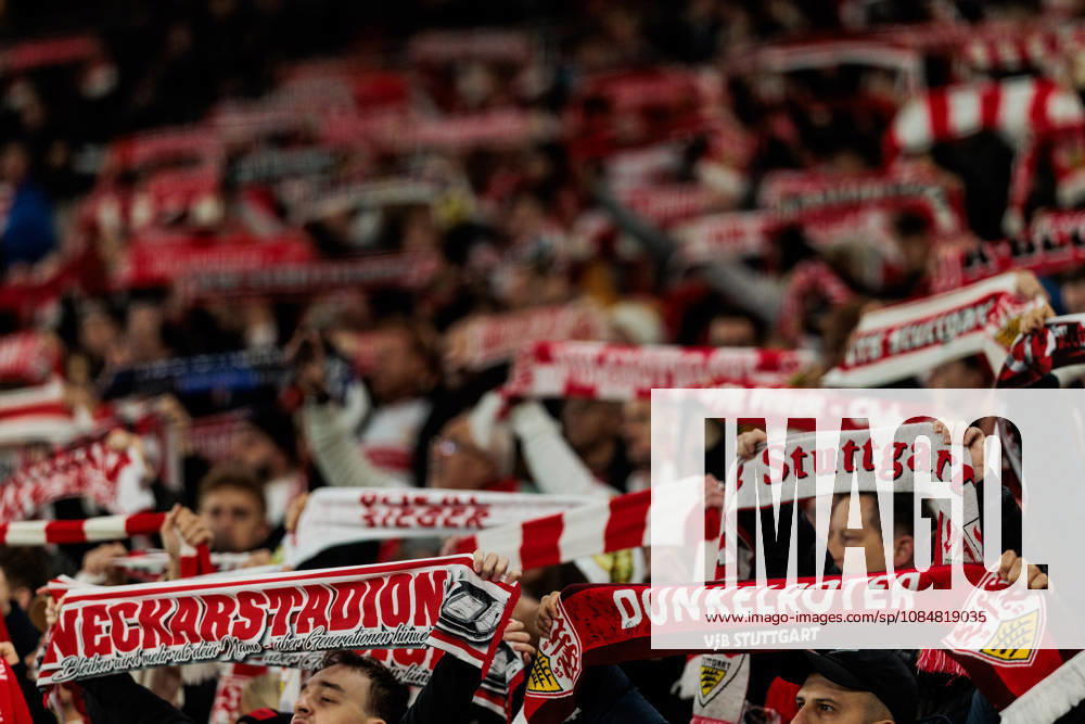 Fans of VfB Stuttgart holding up scarfs before the UEFA Champions League match between VfB Stuttgart vs. Atletico de Madrid at Arena Stuttgart on matchday 3 of the UEFA Champions League on October 20, 2026 in Stuttgart, Germany. Baden-Wuerttemberg Germany