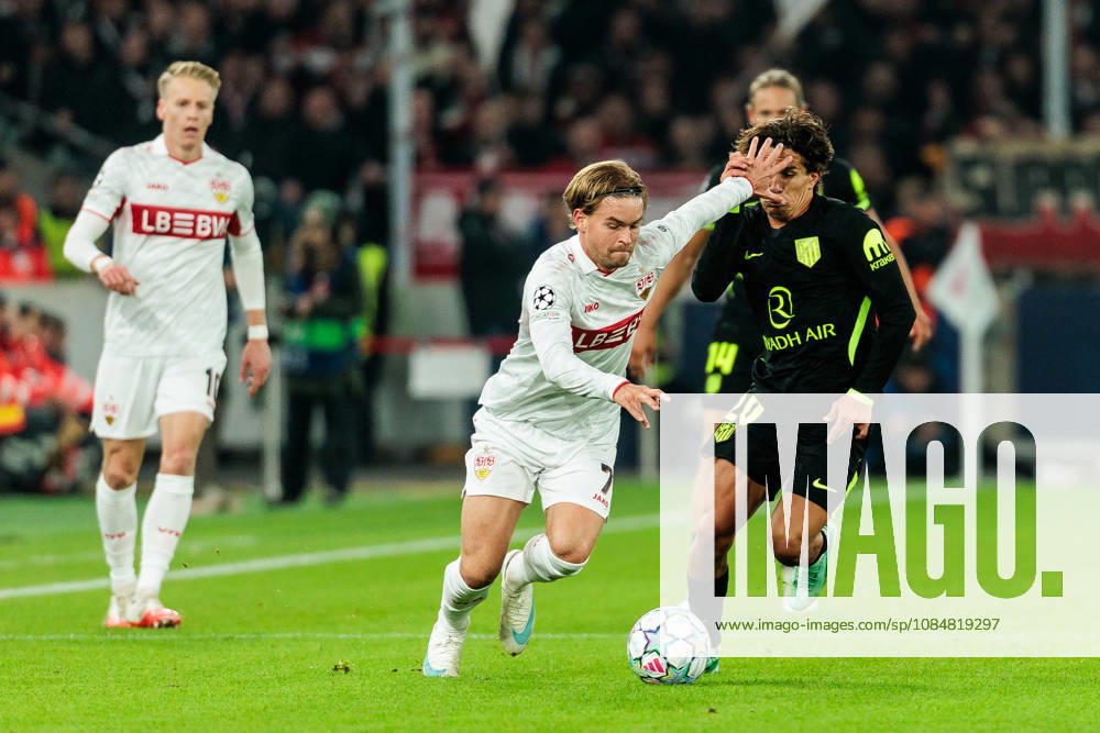 Maximilian Mittelstaedt (Mittelstädt, Mittelstadt, VfB Stuttgart, 7) controls the ball against Giuliano Simeone (Atletico de Madrid, 20) during the UEFA Champions League match between VfB Stuttgart vs. Atletico de Madrid at Arena Stuttgart on matchday 3 of the UEFA Champions League on October 20, 2026 in Stuttgart, Germany. Baden-Wuerttemberg Germany