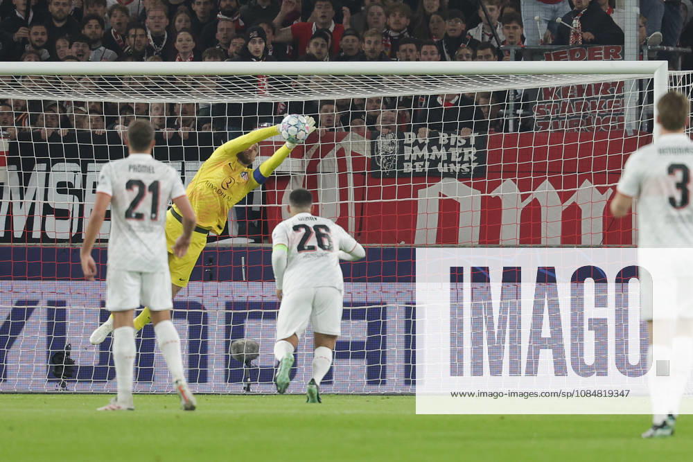 Pictured: Goalkeeper Jan Oblak of Atlético Madrid, No. 13, making a save on October 20, 2026, VfB Stuttgart vs. Atlético Madrid, UEFA Champions League, Matchday 3, Germany, Stuttgart, MHP Arena. DFL regulations prohibit any use of photographs as image sequences and or quasi-video.