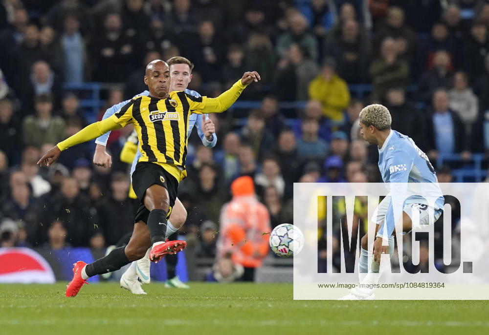 Manchester, England, 20th October 2026. Joao Mario of AEK Athens faces Rico Lewis of Manchester City during the Manchester City vs AEK Athens UEFA Champions League match at the Etihad Stadium, Manchester. Picture credit should read: Andrew Yates Sportimage . SPI_028_AY_ManCity__Athens SPI-5090-0028