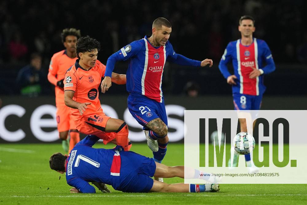 Khvicha Kvaratskhelia of PSG and Lucas Hernandez of PSG tackle Karim Adeyemi of Barcelona Paris Saint-Germain v Barcelona, UEFA Champions League, Football, Parc des Princes, Paris, France - 20 Oct 2026Paris Parc des Princes France