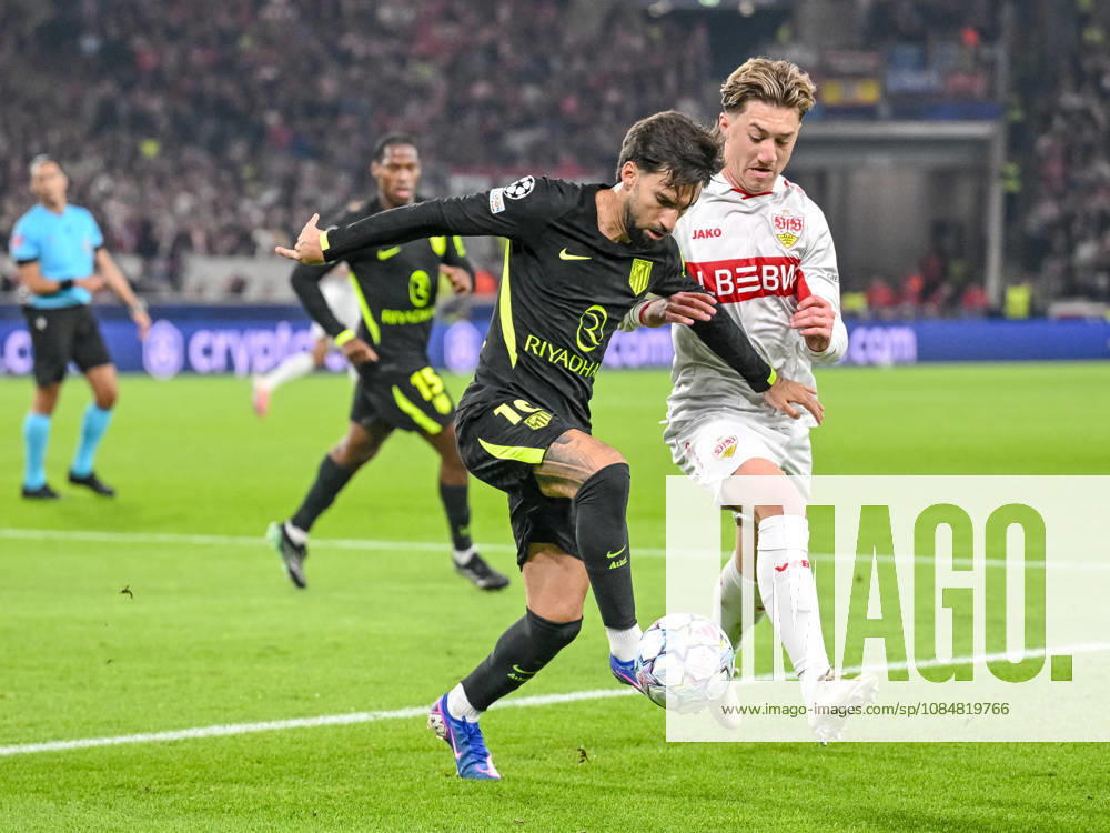 Alex Baena of Atlético Madrid and Angelo Stiller of VfB Stuttgart battle for the ball during the 2026–2027 UEFA Champions League match between Stuttgart and Atlético de Madrid at Arena Stuttgart on October 20, 2026, in Stuttgart, Germany. Photo by Harry Langer, DeFodi Images