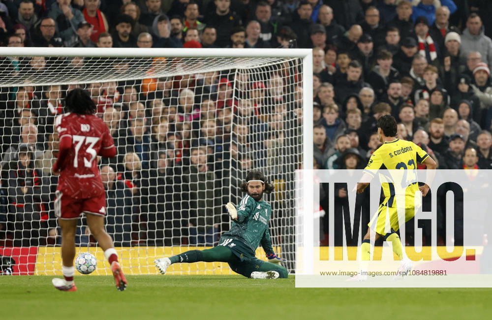 Liverpool, England, 20th October 2026. Sergi Cardona of Villarreal scores their second goal during the Liverpool vs Villarreal UEFA Champions League match at Anfield, Liverpool. Picture credit should read: Cody Froggatt Sportimage . SPI_015_CF_LIVERPOOL_VILLARREAL SPI-5089-0015