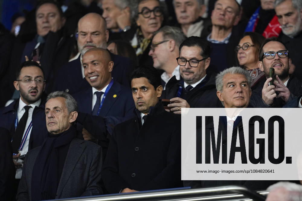 Nicolas Sarkozy, Nasser Al-Khelaifi, President of PSG, and Joan Laporta, President of FC Barcelona, Barca are seen during the UEFA Champions League 2026 27 League Phase MD3 match between Paris Saint-Germain and FC Barcelona at Parc des Princes on Octuber 20, 2026, in Paris, France. Paris France - ZUMAa181 20261020_zaa_a181_055