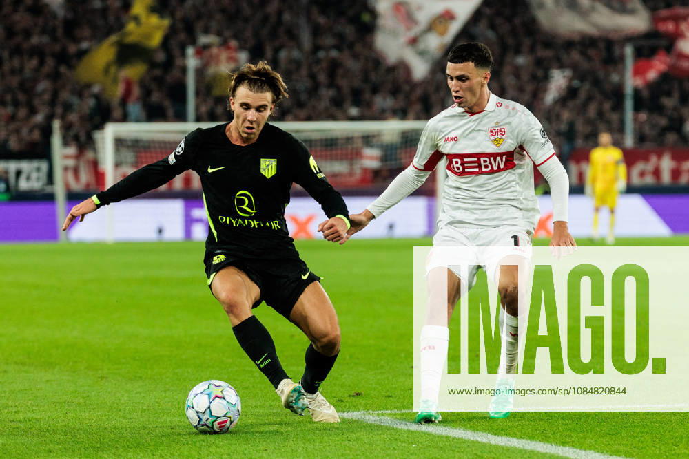 Pablo Barrios (Atletico de Madrid, 8) controls the ball against Bilal El Khannouss (VfB Stuttgart, 11) during the UEFA Champions League match between VfB Stuttgart vs. Atletico de Madrid at Arena Stuttgart on matchday 3 of the UEFA Champions League on October 20, 2026 in Stuttgart, Germany. Baden-Wuerttemberg Germany