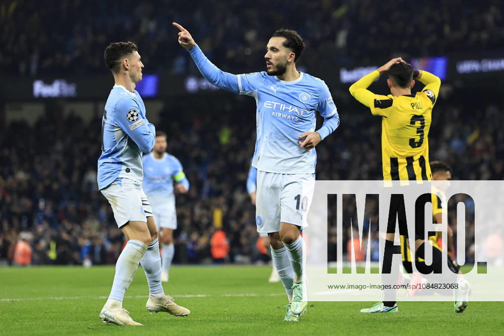 Manchester City v AEK Athens, Champions League GOAL. Rayan Cherki (10) of Manchester City celebrates scoring to make it 3-1 during the Champions League match between Manchester City and AEK Athens at the Etihad Stadium, Manchester, UK on 20 October 2026. Manchester Etihad Stadium Manchester UK Editorial use only ,