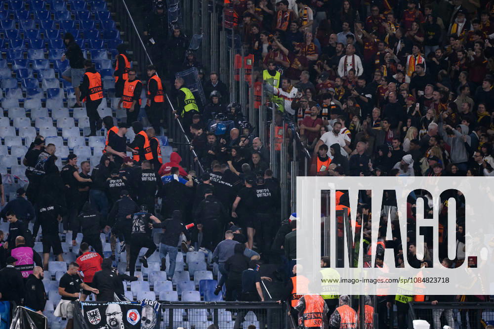 Clashes between Slovan fans and italian Police during the UEFA Champions League 2026 2027 football match between AS Roma and Slovan Bratislava at Stadio Olimpico in Rome (Italy), October 20, 2026. AndreaxStaccioli