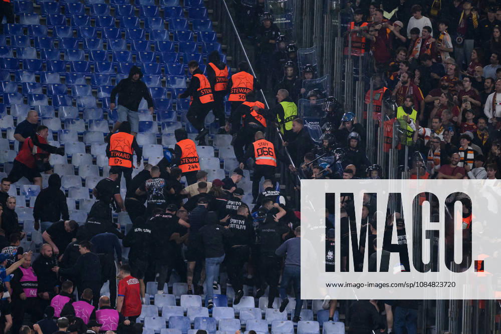 Clashes between Slovan fans and italian Police during the UEFA Champions League 2026 2027 football match between AS Roma and Slovan Bratislava at Stadio Olimpico in Rome (Italy), October 20, 2026. AndreaxStaccioli