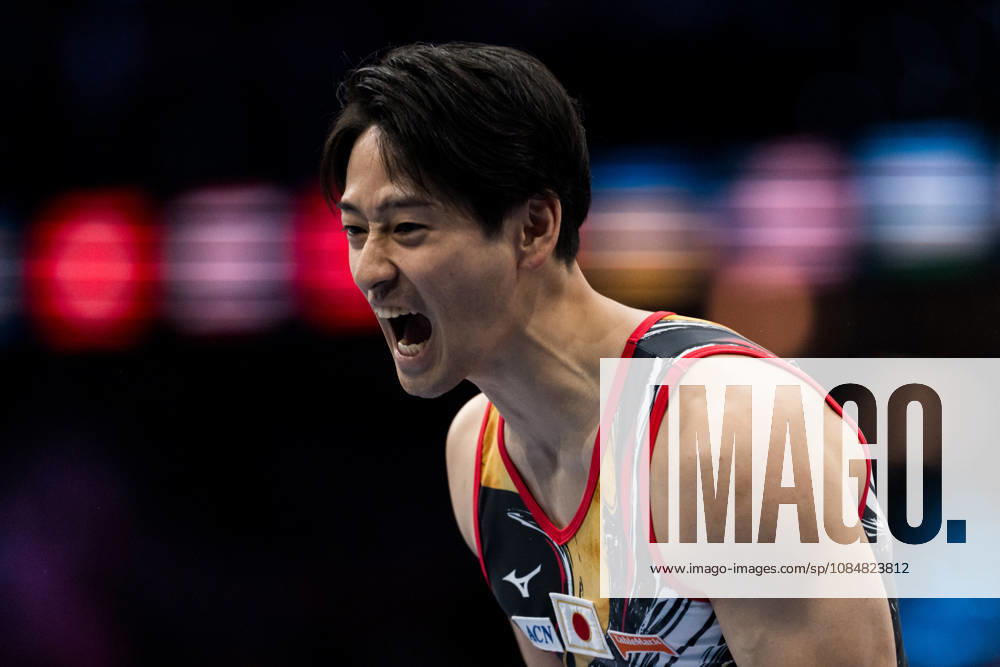 Fusuke Maeda of Japan celebrates after competing on the horizontal bar during the men’s team final on day four of the 2026 Artistic Gymnastics World Championships on October 20, 2026 in Rotterdam. Photo by Joel Marklund, BILDBYRÅN, code JM JM0861 bbeng artistic gymnastics gymnastics world championships team final celebration