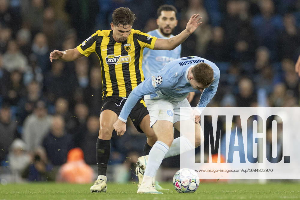 Manchester City v AEK Athens - UEFA Champions League 2026 27 League Phase MD3 Elliot Anderson 5 of Manchester City F.C. is challenged by Razvan Marin 18 of AEK Athens F.C. during the UEFA Champions League Stage match between Manchester City and AEK Athens at the Etihad Stadium in Manchester, on October 20, 2026. Manchester Manchester United, ManU Kingdom