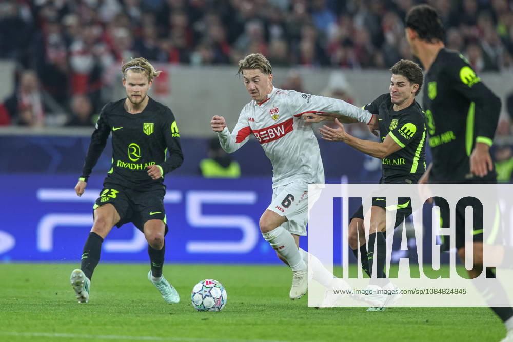GER, Stuttgart, VfB Stuttgart vs. Atlético Madrid, Soccer, UEFA, 2026–2027 Season, Champions League, MHP Arena, Matchday 3 in Pictures (from left): Morten Hjulmand (Atlético Madrid) 23, Angelo Stiller (VfB Stuttgart) 6, Julian Alvarez, Atlético Madrid 19. DFB and DFL regulations prohibit any use of photographs as image sequences and or quasi-video, 200 2026