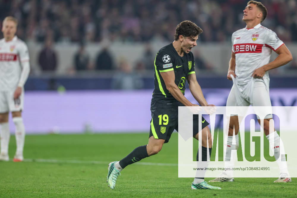 GER, Stuttgart, VfB Stuttgart vs. Atlético Madrid, Soccer, UEFA, 2026–2027 Season, Champions League, MHP Arena, Matchday 3 in pictures: from left, Julián Álvarez (Atlético Madrid, No. 19), goal, Celebration and joy, emotions, goal scored, DFB and DFL regulations prohibit any use of photographs as image sequences and or quasi-video, 200–2026