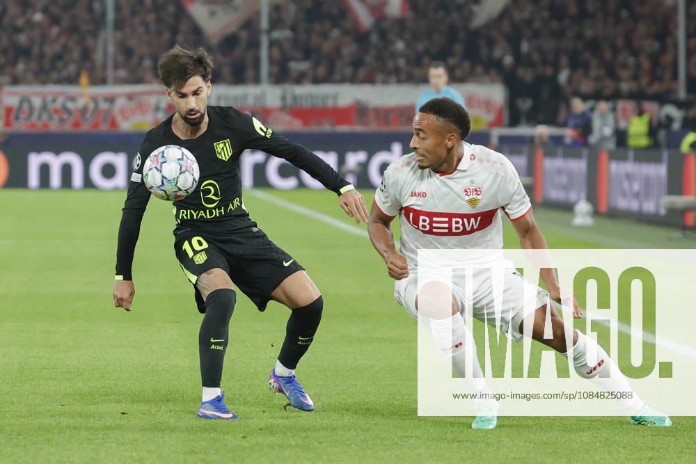 Pictured, from left: Alex Baena (Atlético Madrid), 10, against Jamie Leweling (VfB Stuttgart), 18, October 20, 2026, VfB Stuttgart vs. Atlético Madrid, UEFA Champions League, Matchday 3, Germany, Stuttgart, MHP Arena, DFL REGULATIONS PROHIBIT ANY USE OF PHOTOGRAPHS AS IMAGE SEQUENCES AND OR QUASI-VIDEO