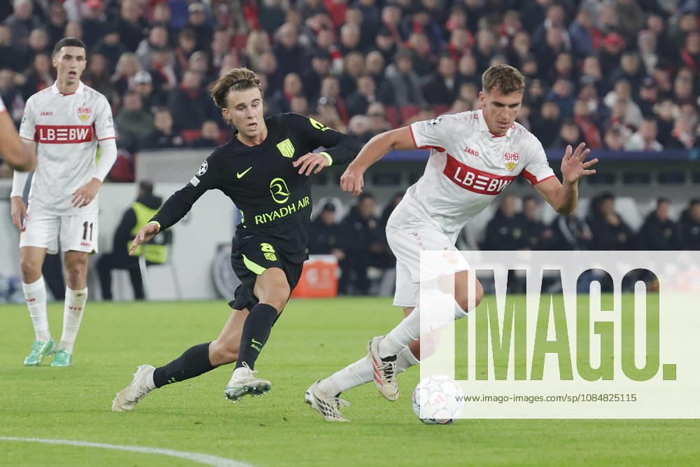 Pictured from left: Pablo Barrios (Atlético Madrid, No. 8) and Grischa Proemel (VfB Stuttgart, No. 21) with the ball on October 20, 2026, VfB Stuttgart vs. Atlético Madrid, UEFA Champions League, Matchday 3, Germany, Stuttgart, MHP Arena; DFL regulations prohibit any use of photographs as image sequences and or quasi-video