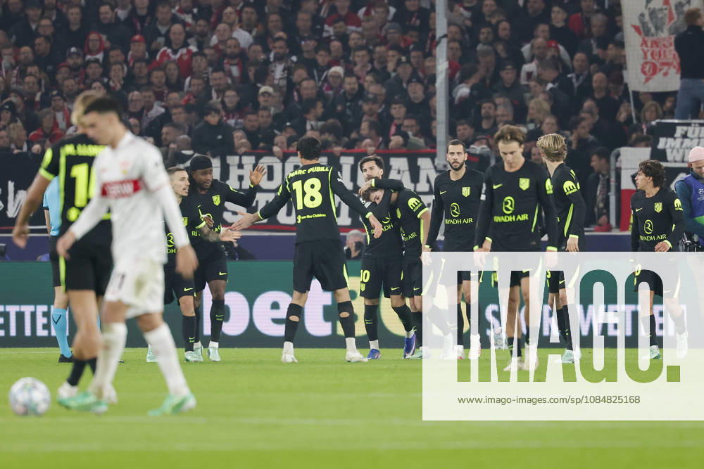Pictured: Madrid players celebrating after scoring the 1-1 goal on October 20, 2026, VfB Stuttgart vs. Atlético Madrid, UEFA Champions League, Matchday 3, Germany, Stuttgart, MHP Arena, DFL REGULATIONS PROHIBIT ANY USE OF PHOTOGRAPHS AS IMAGE SEQUENCES AND OR QUASI-VIDEO