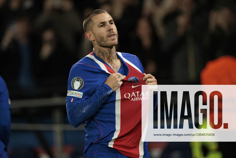 Lucas Hernandez seen celebrating after scoring goal during UEFA Champions League 2026 2027 league phase game between teams of Paris Saint-Germain Football Club and FC Barcelona, Barca (Maciej Rogowski Ball Raw Images PT) Paris Parc des Princes France