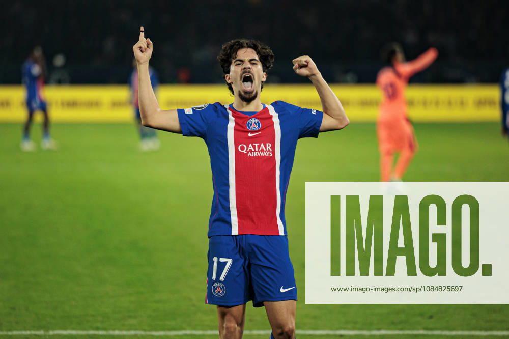 Vitinha seen celebrating after scoring goal during UEFA Champions League 2026 2027 league phase game between teams of Paris Saint-Germain Football Club and FC Barcelona, Barca (Maciej Rogowski Ball Raw Images PT) Paris Parc des Princes France