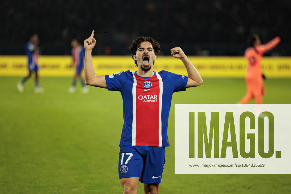 Vitinha seen celebrating after scoring goal during UEFA Champions League 2026 2027 league phase game between teams of Paris Saint-Germain Football Club and FC Barcelona, Barca (Maciej Rogowski Ball Raw Images PT) Paris Parc des Princes France
