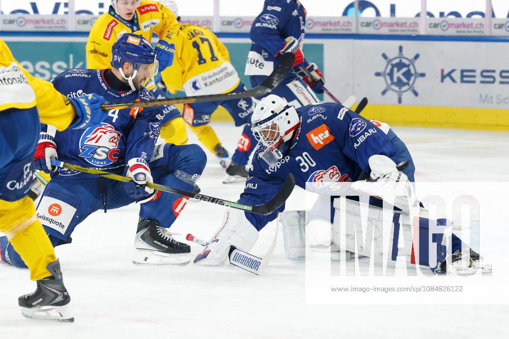 Swiss Life Arena, Zurich, SWITZERLAND, 2026–2027 Season, Men s Ice Hockey National League: ZSC Lions vs. HC Davos; Christian Marti (ZSC) and goaltender Simon Hrubec (ZSC) defend