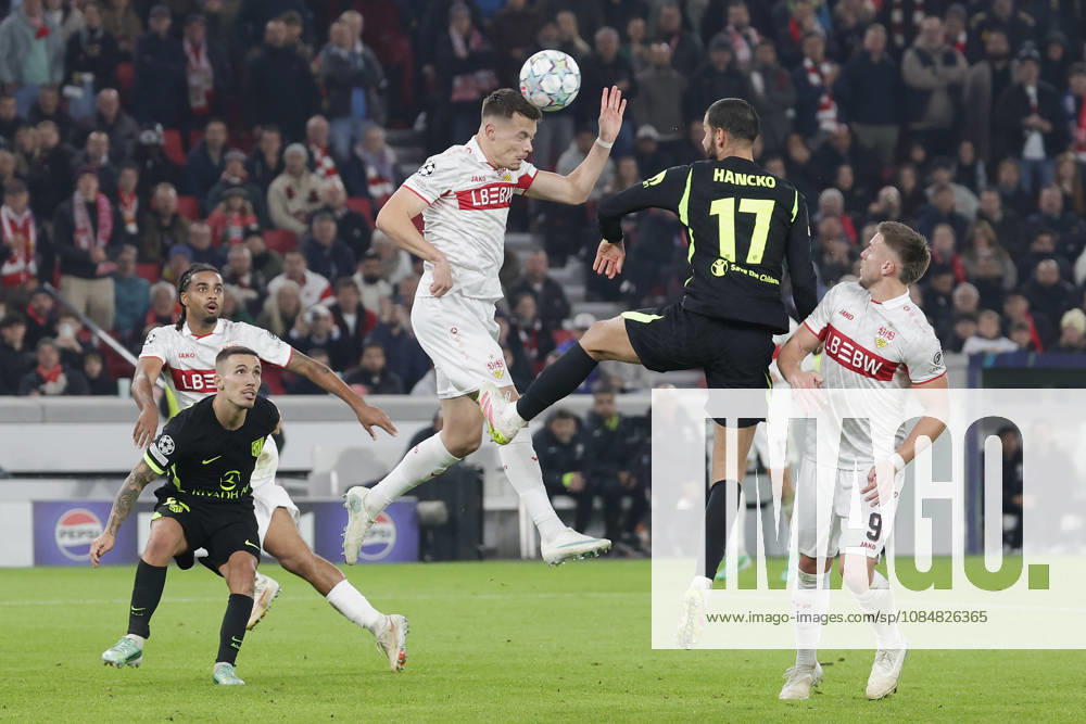 Pictured, from left: Dzenan Pejcinovic of VfB Stuttgart, 25, scoring with a header against David Hancko of Atlético Madrid, 17, 20 10 2026, VfB Stuttgart vs. Atlético Madrid, UEFA Champions League, Matchday 3, Germany, Stuttgart, MHP Arena, DFL REGULATIONS PROHIBIT ANY USE OF PHOTOGRAPHS AS IMAGE SEQUENCES AND OR QUASI-VIDEO