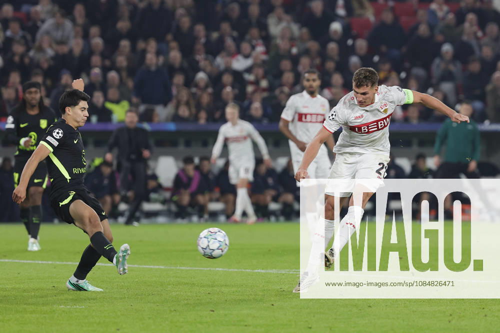 Pictured from left: Obed Vargas of Atlético Madrid, No. 3, and a shot by Grischa Proemel of VfB Stuttgart, No. 21, 20 10 2026, VfB Stuttgart vs. Atlético Madrid, UEFA Champions League, Matchday 3, Germany, Stuttgart, MHP Arena, DFL REGULATIONS PROHIBIT ANY USE OF PHOTOGRAPHS AS IMAGE SEQUENCES AND OR QUASI-VIDEO