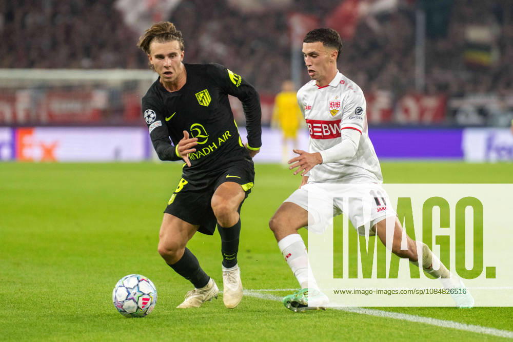 Pablo Barrios of Atlético Madrid and Bilal El Khannous of VfB Stuttgart Germany, Stuttgart, October 20, 2026, Soccer, UEFA Champions League: VfB Stuttgart vs. Atlético Madrid, 2026–2027 season, Match Day 3, MHP Arena