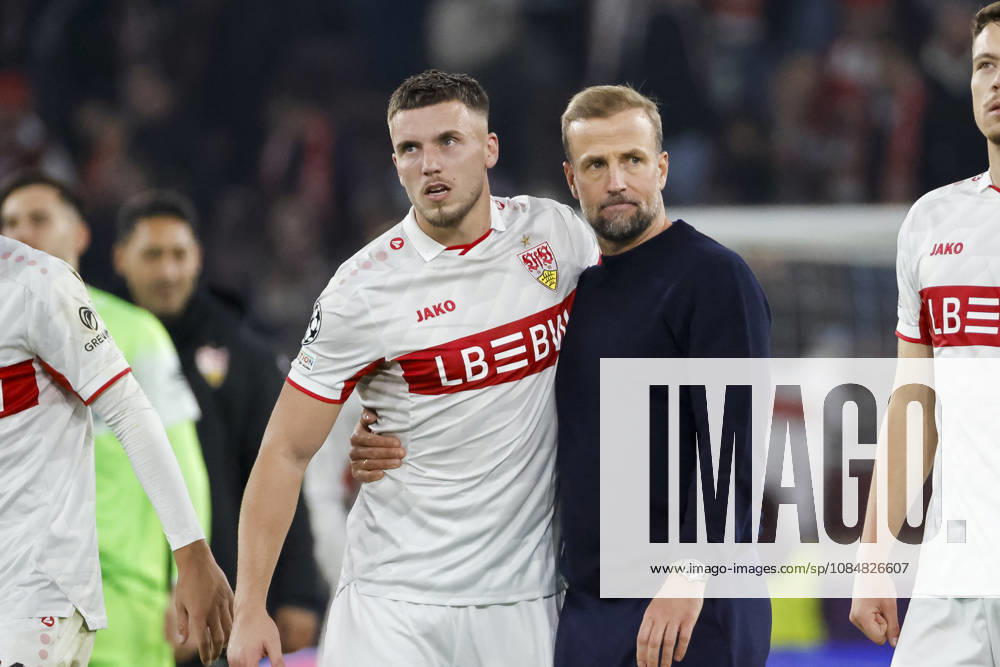 Ermedin Demirovic, VfB Stuttgart, 09, and Sebastian Hoeneß, Hoeness VfB Stuttgart, post-game comments, Germany, soccer, UEFA Champions League, Matchday 3, 2026–2027, VfB Stuttgart vs. Atlético Madrid, October 20, 2026, Stuttgart Arena, Stuttgart, Germany