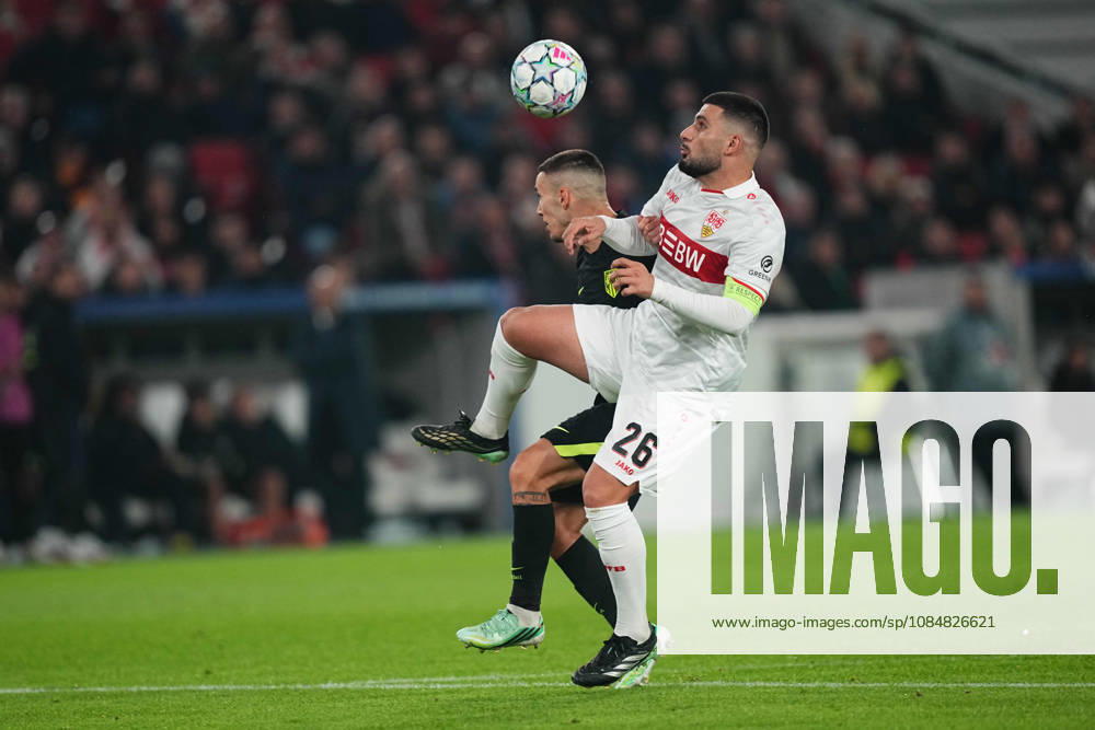 Alejandro Grimaldo of Atlético Madrid and Deniz Undav of VfB Stuttgart during the match between VfB Stuttgart and Atlético Madrid in the group stage of the UEFA Champions League at MHPArena in Stuttgart, Germany, on October 20, 2026. DeFodi Images