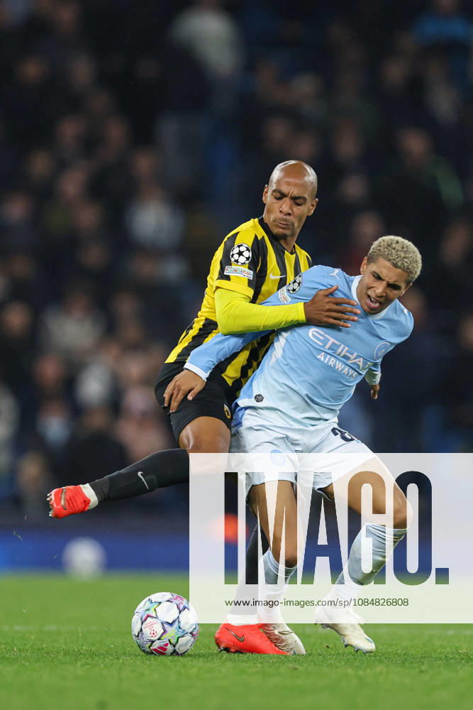 20th October 2026; Etihad Stadium, Manchester, England; UEFA Champions League Football, Manchester City versus AEK Athens; Joao Mario of AEK Athens fouls Rico Lewis of Manchester City AidanxHunter