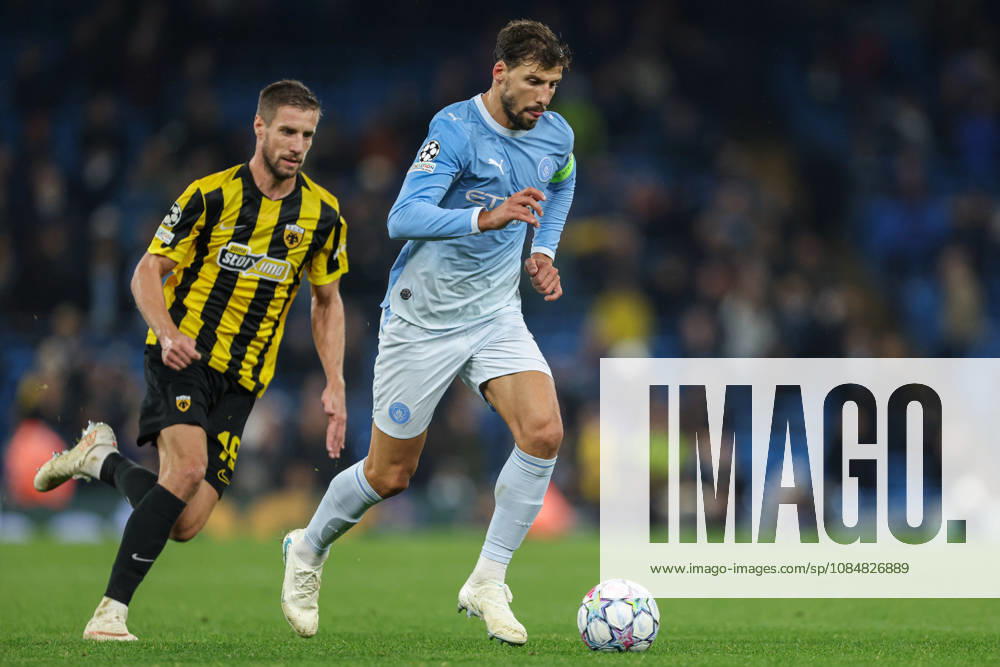 20th October 2026; Etihad Stadium, Manchester, England; UEFA Champions League Football, Manchester City versus AEK Athens; Ruben Dias of Manchester City runs with the ball AidanxHunter