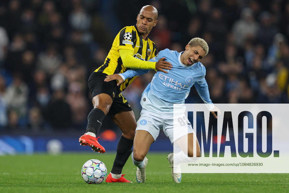 20th October 2026; Etihad Stadium, Manchester, England; UEFA Champions League Football, Manchester City versus AEK Athens; Joao Mario of AEK Athens fouls Rico Lewis of Manchester City AidanxHunter