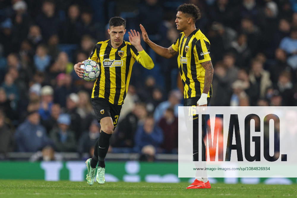 20th October 2026; Etihad Stadium, Manchester, England; UEFA Champions League Football, Manchester City versus AEK Athens; Stavros Pilios of AEK Athens celebrates after scoring in the 52nd minute to make the score 2-1 AidanxHunter