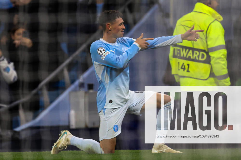 20th October 2026; Etihad Stadium, Manchester, England; UEFA Champions League Football, Manchester City versus AEK Athens; Phil Foden of Manchester City celebrates after scoring a hat-trick in the 76th minute to make the score 5-1 AidanxHunter