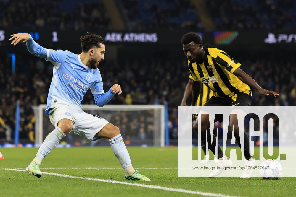 Manchester City v AEK Athens, Champions League Rayan Cherki (10) of Manchester City passes the ball beyond Aboubakary Koita (11) of AEK Athens during the Champions League match between Manchester City and AEK Athens at the Etihad Stadium, Manchester, UK on 20 October 2026. Manchester Etihad Stadium Manchester UK Editorial use only ,