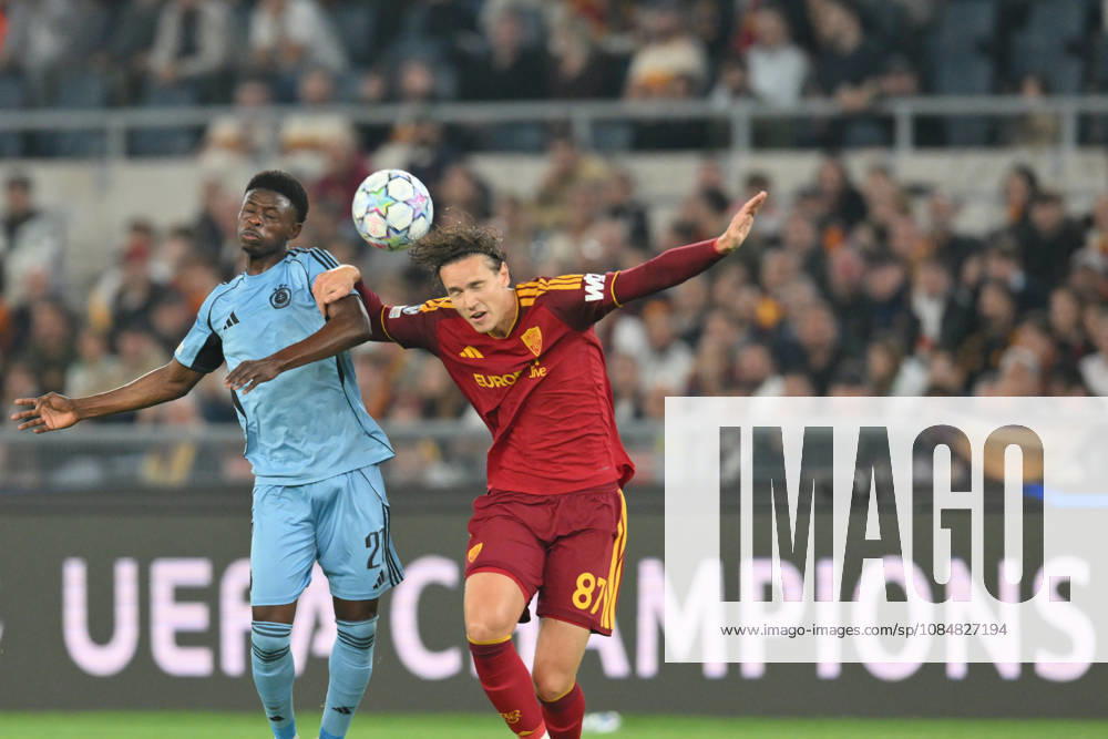 20th October 2026; Stadio Olimpico, Rome, Italy; UEFA Champions League Football, Roma versus Slovan Bratislava; Suleiman Camara of Slovan Bratislava under pressure from Daniele Ghilardi of Roma AllShotLive