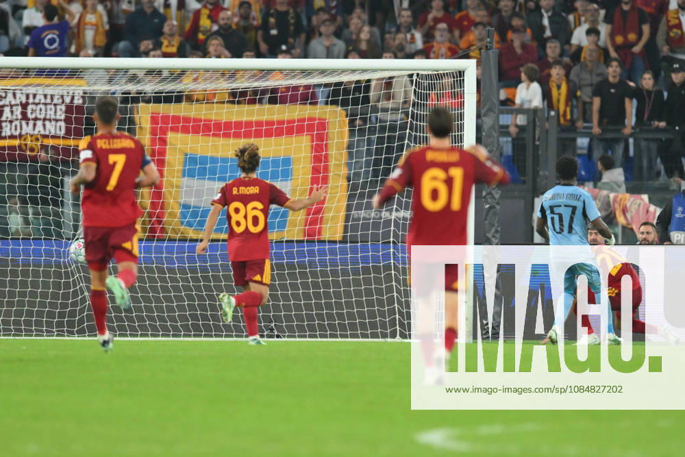 20th October 2026; Stadio Olimpico, Rome, Italy; UEFA Champions League Football, Roma versus Slovan Bratislava; Nahuel Molina of Roma shoots and scores the goal for 2-0 AllShotLive