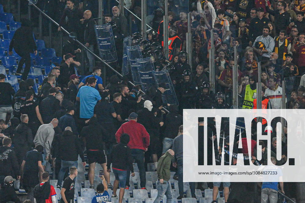 20th October 2026; Stadio Olimpico, Rome, Italy; UEFA Champions League Football, Roma versus Slovan Bratislava; clashes between fans in the stands AllShotLive