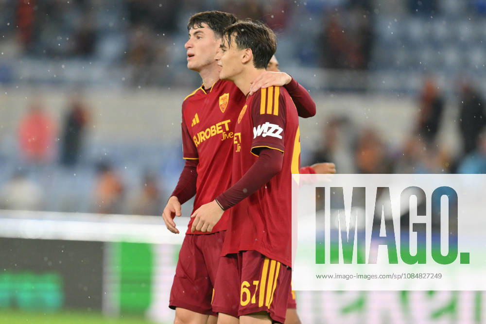 20th October 2026; Stadio Olimpico, Rome, Italy; UEFA Champions League Football, Roma versus Slovan Bratislava; Niccolo Pisilli of Roma and Matias Soule of Roma celebrate their victory at the end of the match AllShotLive