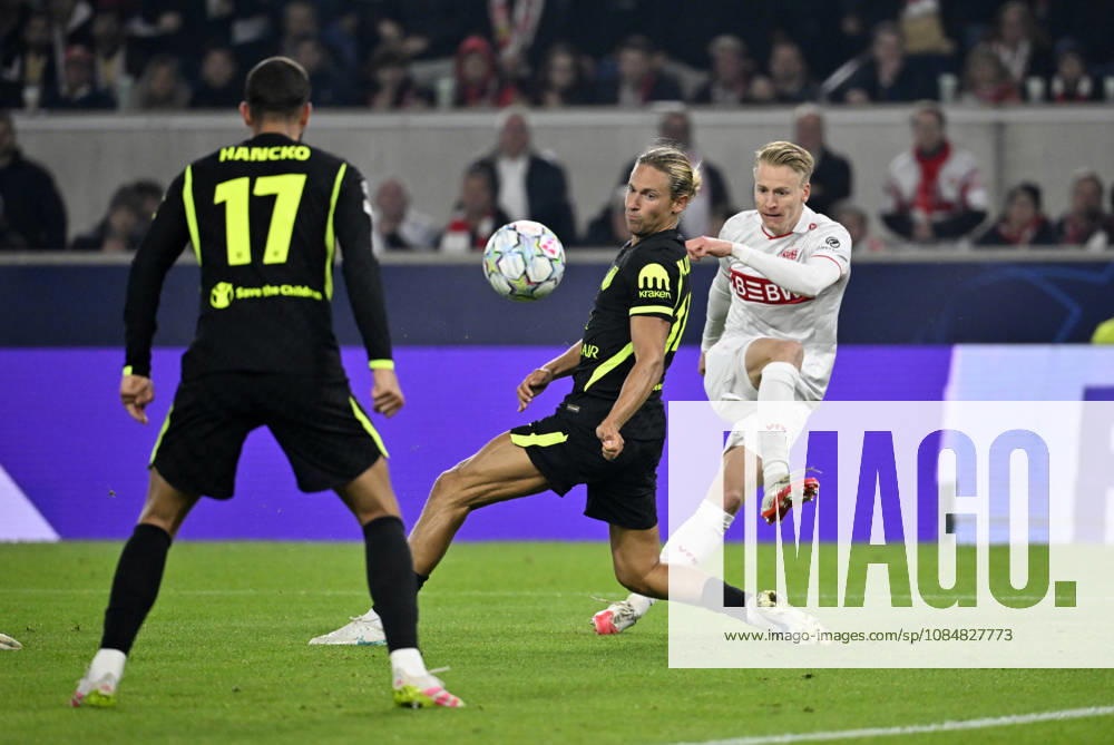Shot on goal, scoring opportunity: Chris Fuehrich (VfB Stuttgart 10) vs. Marcos Llorente (Atletico de Madrid 14), David Hancko (Atletico de Madrid 17), Champions League: VfB Stuttgart vs. Atletico Madrid, October 20, 2026. DFL regulations prohibit any use of photosOGRAPHS AS IMAGE SEQUENCES AND OR QUASI-VIDEO Champions League: VfB Stuttgart vs. Atlético Madrid
