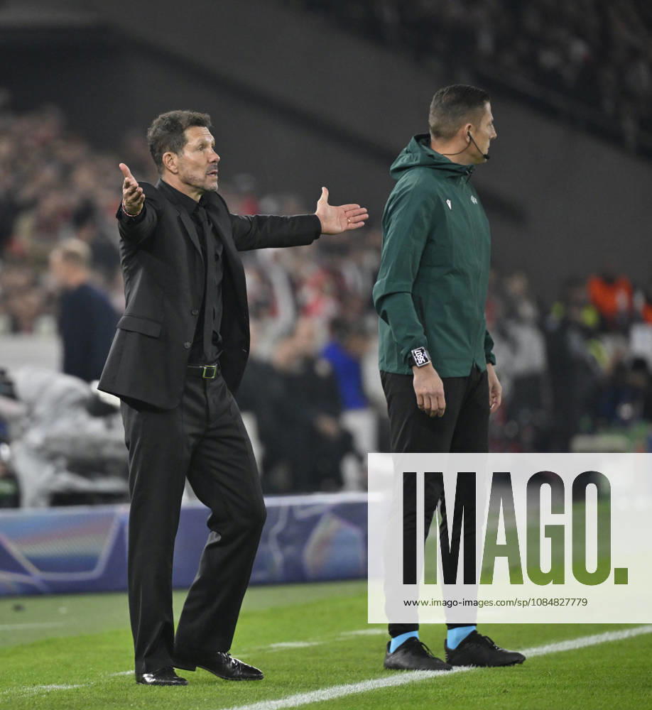 Coach Diego Simeone of Atlético de Madrid on the sidelines, gesturing during the Champions League match between VfB Stuttgart and Atlético Madrid on October 20, 2026. DFL regulations prohibit any use of photographs as image sequences and or quasi-video. Champions League VVfB Stuttgart vs. Atlético Madrid
