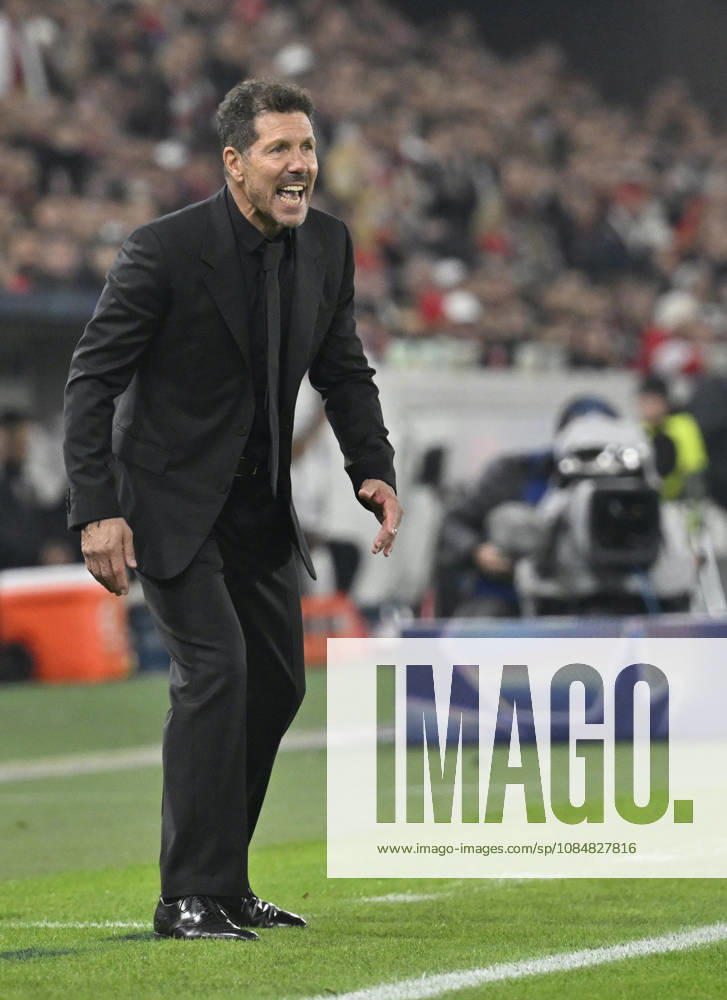 Coach Diego Simeone of Atlético de Madrid on the sidelines, gesturing during the Champions League match between VfB Stuttgart and Atlético Madrid on October 20, 2026. DFL regulations prohibit any use of photographs as image sequences and or quasi-video. Champions League VVfB Stuttgart vs. Atlético Madrid
