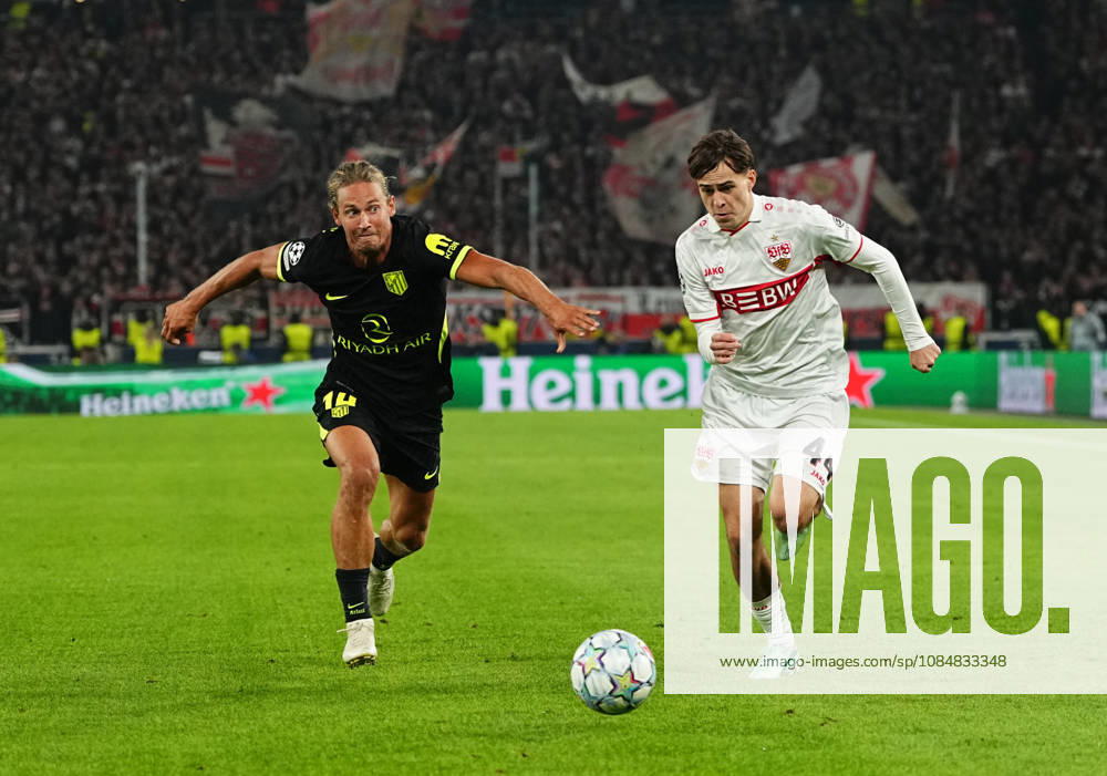 Marcos Llorente of Atlético Madrid and Luca Jaquez of VfB Stuttgart during the UEFA Champions League group stage match between VfB Stuttgart and Atlético Madrid at MHPArena in Stuttgart, Germany, on October 20, 2026. DeFodi Images