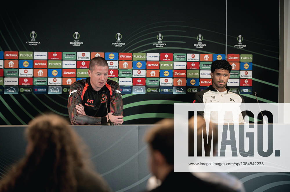 FC Midtjylland press conference, PK, Pressekonferenz - UEFA Conference League Herning, Denmark - October 21: Head coach Mike Tullberg and Pedro Bravo during a press conference ahead of a match between FC Midtjylland and St. Truidense in UEFA Conference League at MCH Arena Herning MCH Arena Denmark